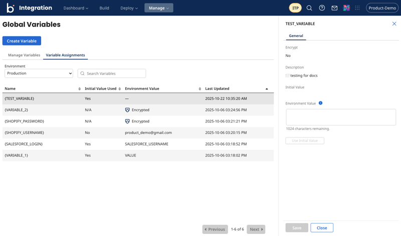 the variable assignments tab, showing a variable selected and the information pane