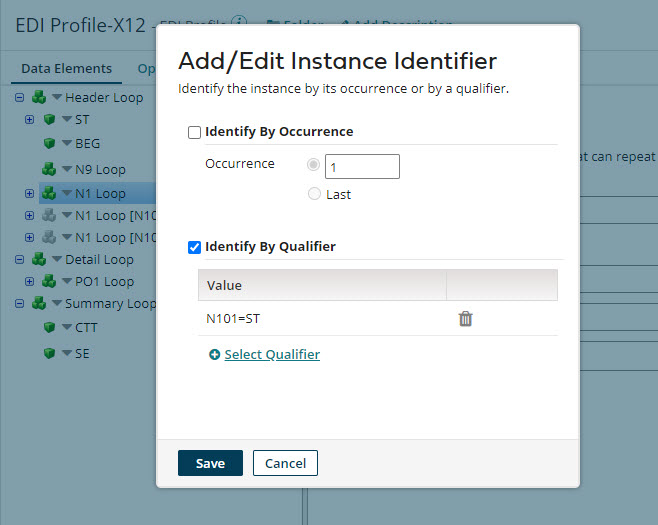Add/Edit Instance Identifier dialog in an EDI profile&#39;s Data Elements tab.