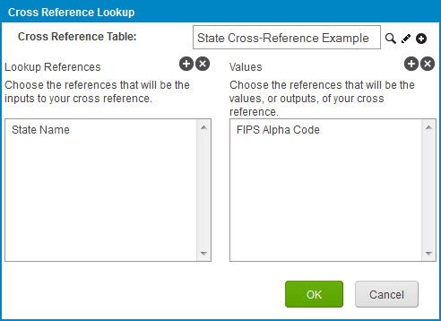 Cross Reference Lookup dialog example showing a single input and single output
