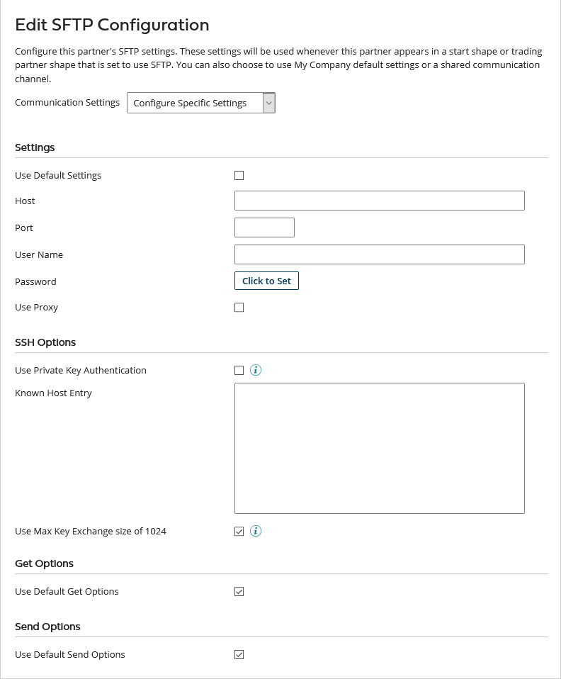 Trading Partner Communication tab, SFTP configuration.