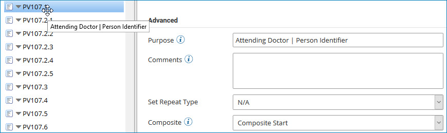 Data element PV107 has as its first composite PV107.1, with Purpose set to Attending Doctor | Person Identifier and Composite set to Composite Start.