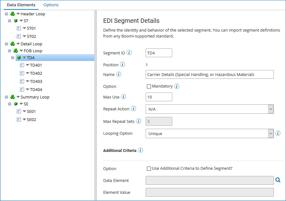 EDI profile&#39;s Data Elements tab.