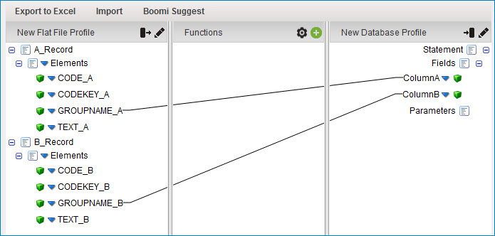 Sample profile elements in the map for a flat file profile.