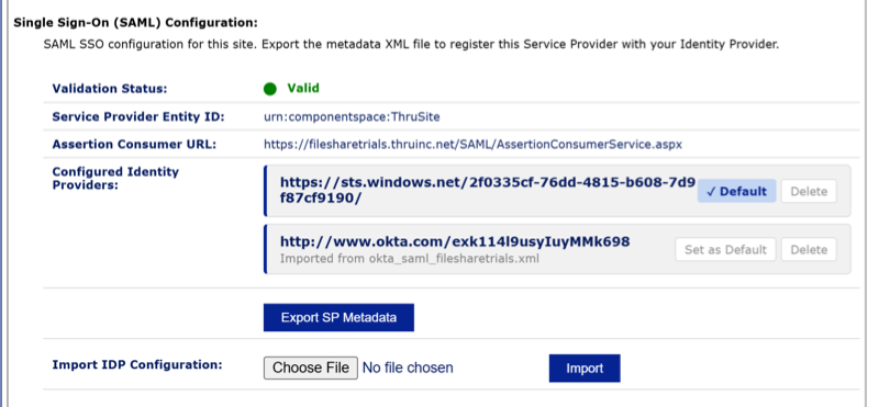 the SAML SSO options after configuring at least one service provider