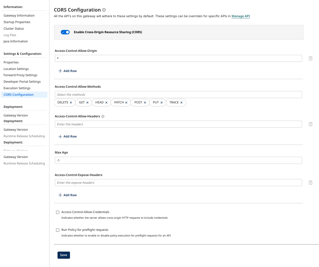 CORS Gateway Configuration