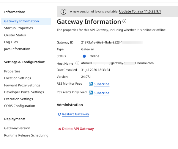 The API Gateway settings page
