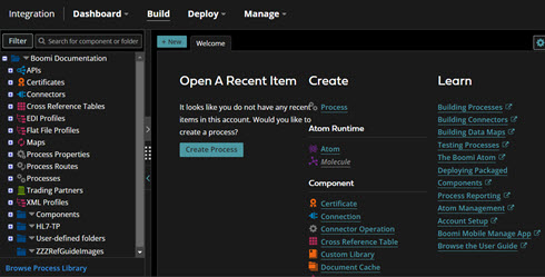 Welcome tab in dark theme.