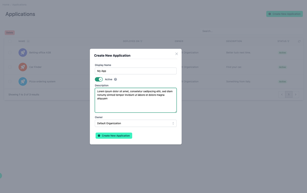 Administration Portal - Applications - Create new Application