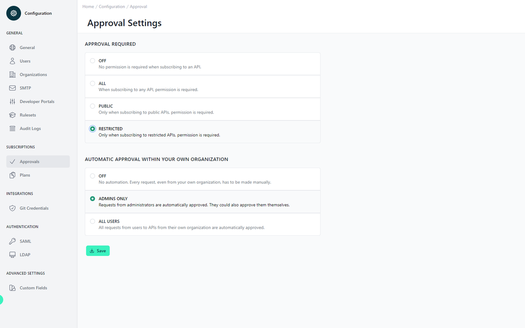 Administration Portal - Configuration - Approvals