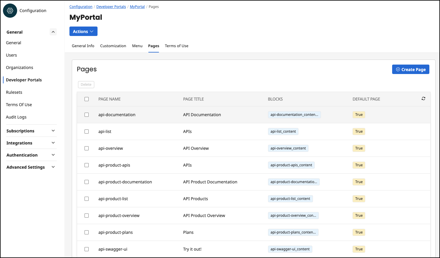 Administration Portal - Developer Portal - Pages - List