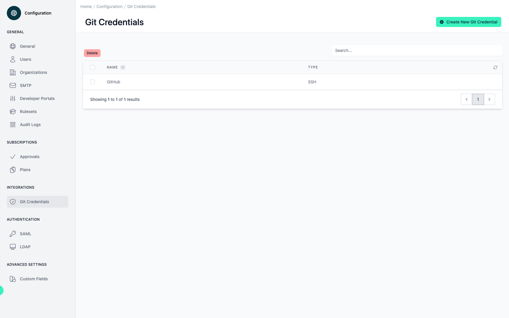 Administration Portal - Configuration - Git Credentials