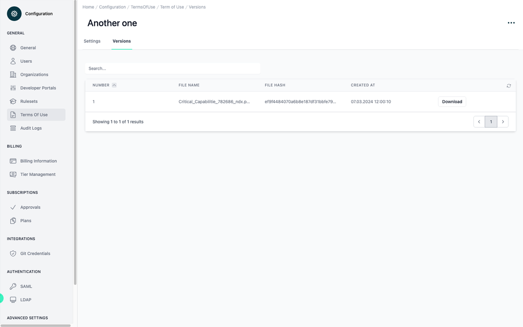 Administration Portal - Configuration - Terms of Use - Versioning