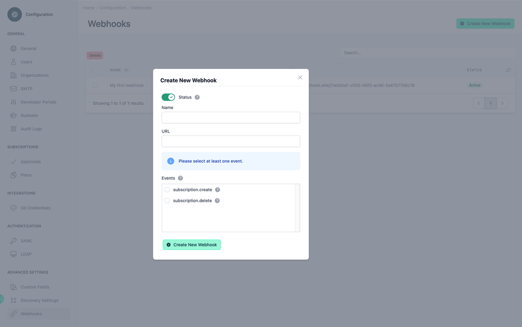 Administration Portal - Configurations - Webhooks - Create New Webhook