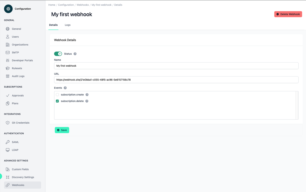 Administration Portal - Configurations - Webhooks - New Webhook - 01