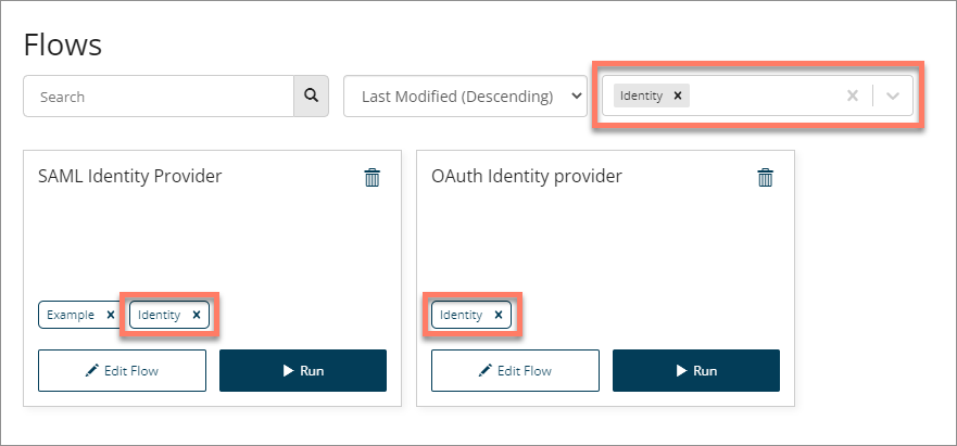 The Flows page showing only the &quot;Identity&quot; flow label flows