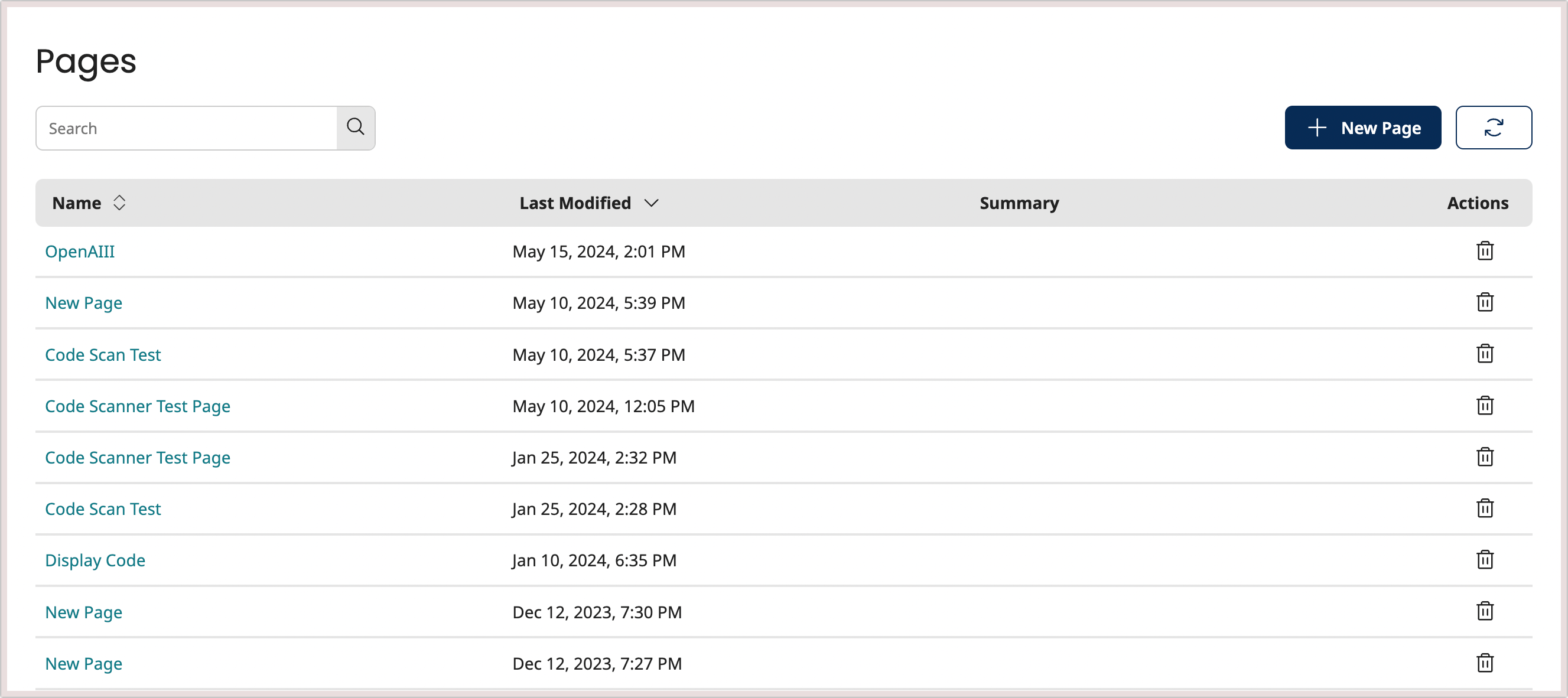The Pages page shows all the pages in your tenant