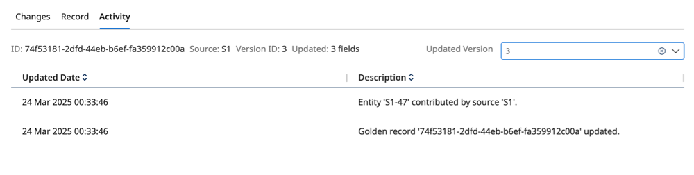 Activity list view showing updates per each version