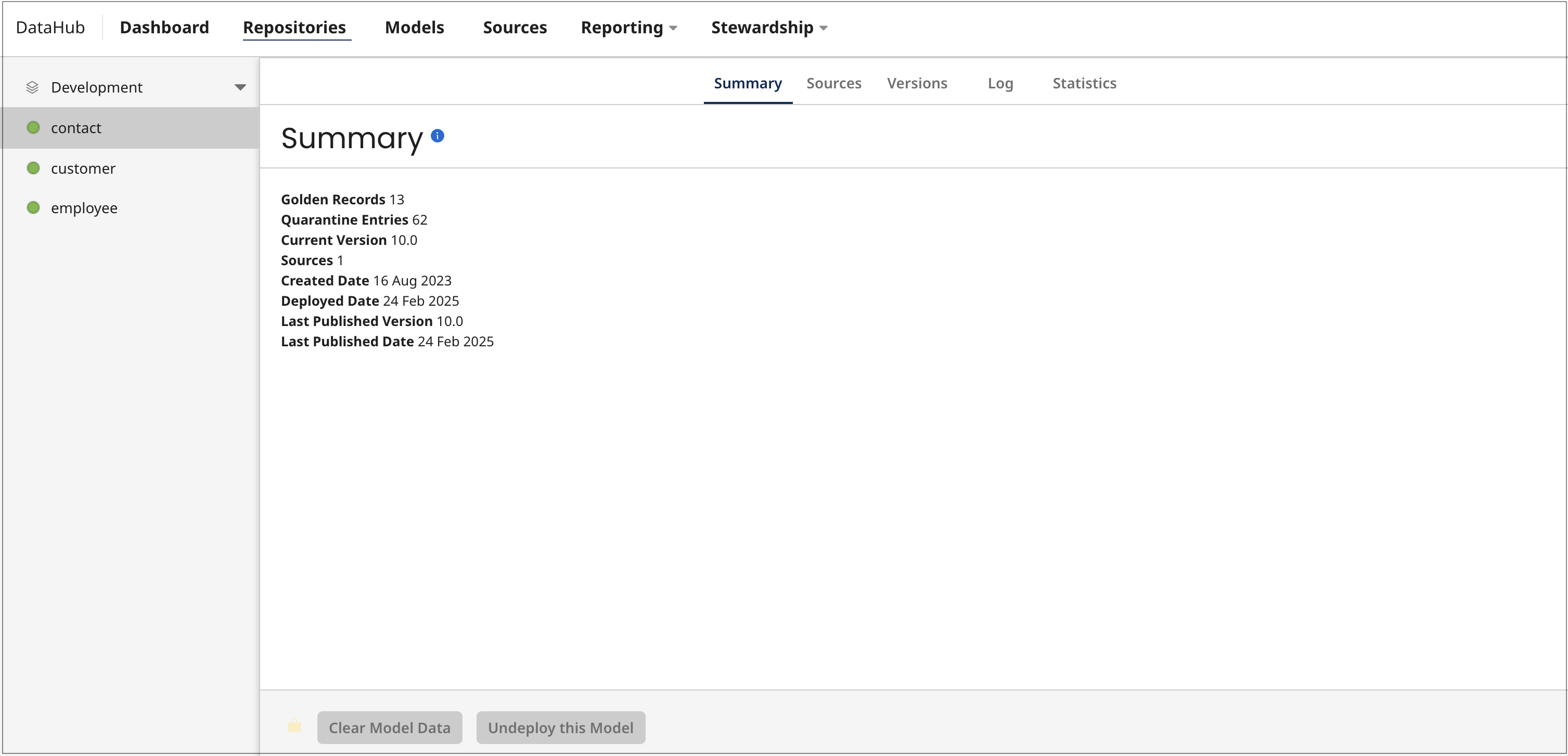 summary page for a deployed model