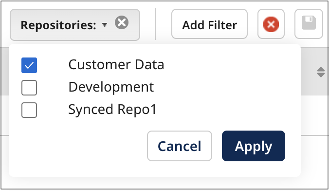 Dialog for selecting repositories by which to filter the reports list