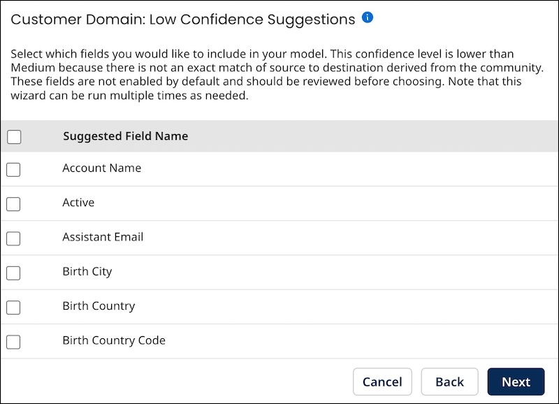 Boomi Suggest wizard: Low Confidence Suggestions screen