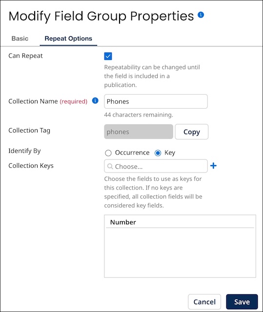 Repeat Options tab in the Modify Field Group Properties dialog