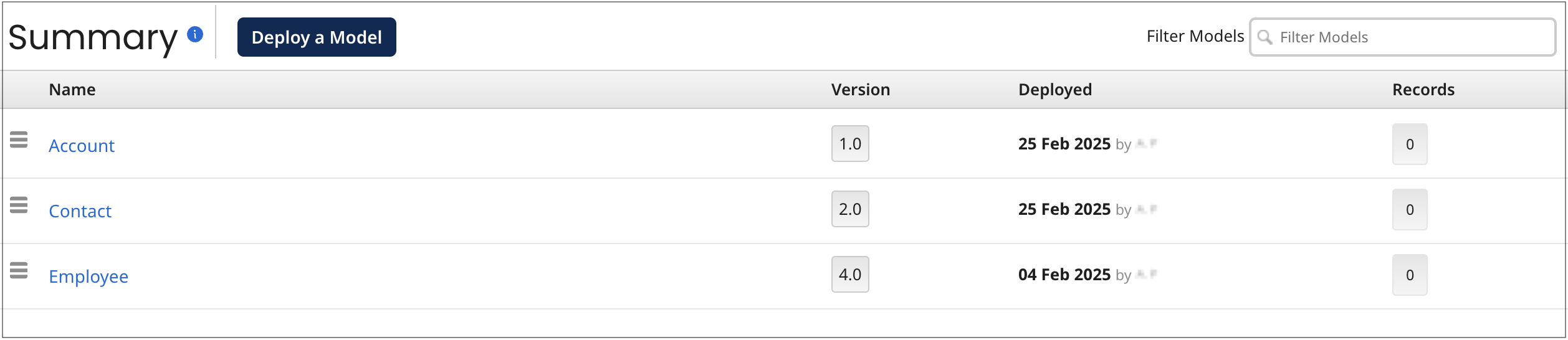 This example of the Repositories page shows the deployed version of the model Account is 7.0, Contact 5.0, and Employee 2.0.