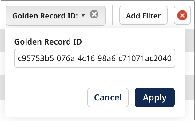 Dialog for applying a filter by golden record ID