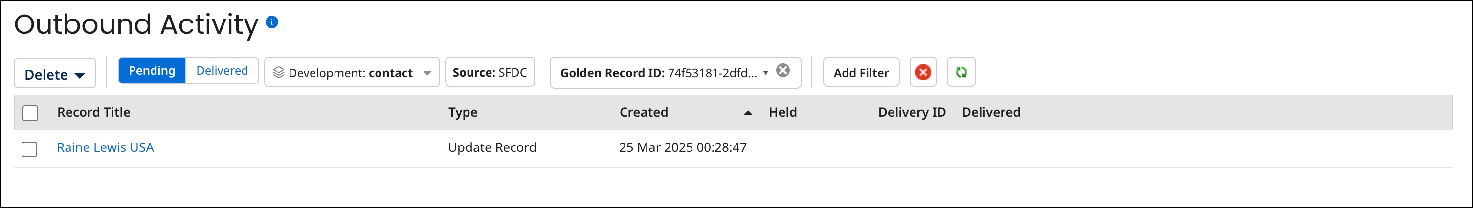 Outbound Activity page example
