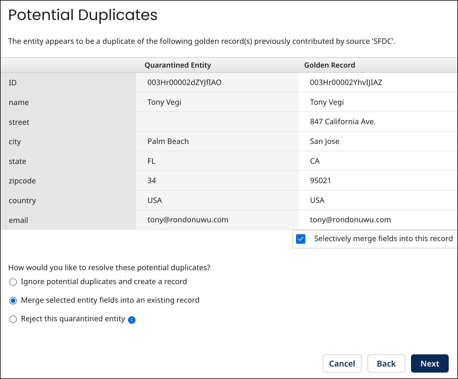 Selectively merging fields from a potential duplicate entity into a matching golden record