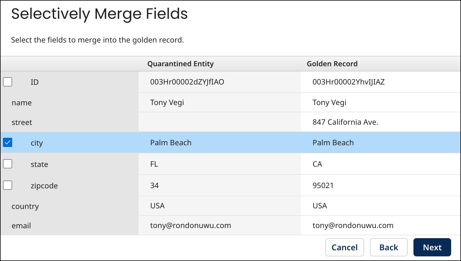 Selecting fields from a potential duplicate entity to merge into a matching golden record