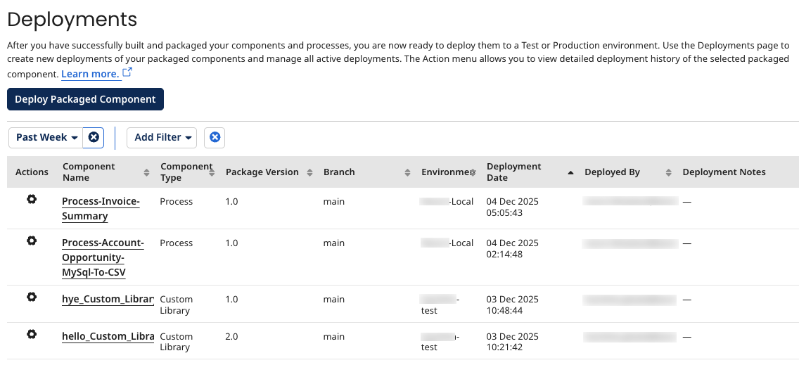 Screenshot of the Deployments page
