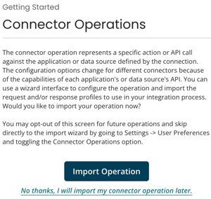 Getting Started Connector Operations screen