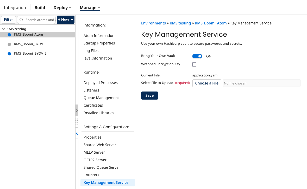 KMS settings page in the Boomi Enterprise Platform