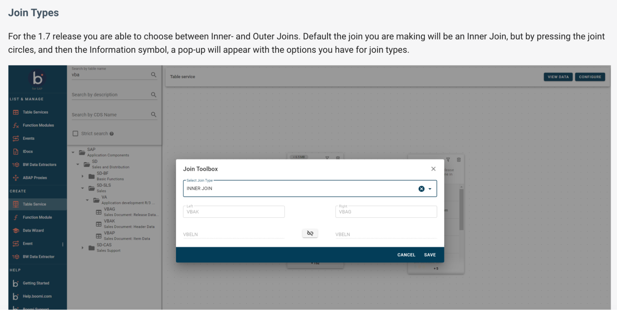 Boomi for SAP Join Types popup