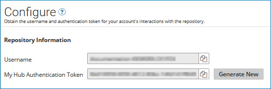 The Configure tab in a repository page shows the username and authentication token for that repository.